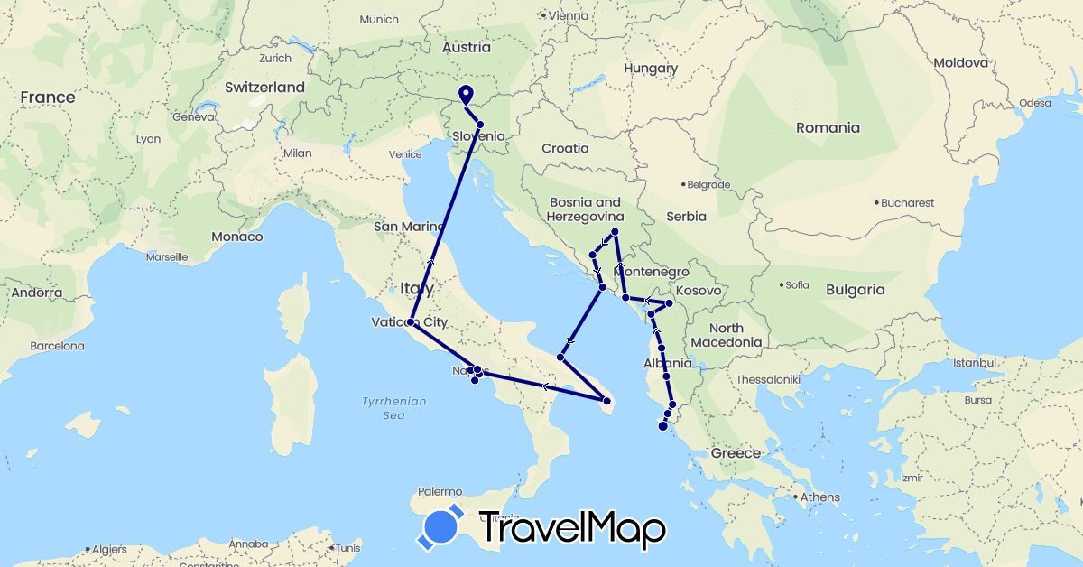 TravelMap itinerary: driving in Albania, Bosnia and Herzegovina, Greece, Croatia, Italy, Montenegro, Slovenia (Europe)